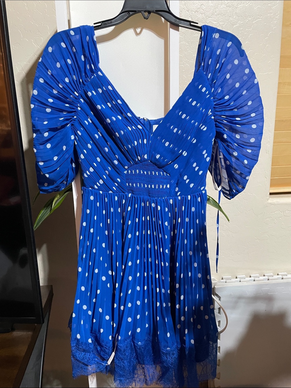 Self Portrait Blue Polka Dot Pleated Mini Dress